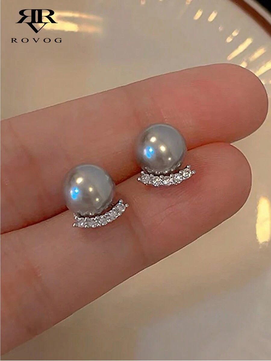 1pair French Minimalist Small & Luxurious Design Women's Everyday Fashionable Faux Pearl Stud Earrings For Date - Grey - View 1
