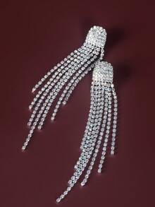 1 對女式全鑽石裝飾長流蘇耳環,閃亮時尚派對新娘配件