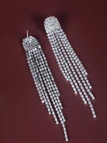 1 對女式全鑽石裝飾長流蘇耳環,閃亮時尚派對新娘配件