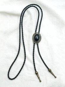 pooting bear 復古黑石波洛領帶,時尚西部牛仔風格中性領帶項鍊,長度可調節