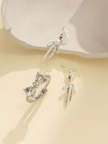 一对时尚简约心形结设计铜质水钻银色吊坠耳环，适合女性日常、派对、音乐节佩戴，珠宝礼品 - 愛心 - 查看 7