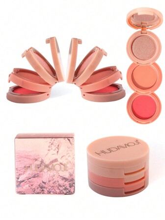 (#02) 3 In 1 Face Blusher Palette Waterproof Matte Long Lasting Highlight  Blush Powder Pink Coral Blushing Pallet with Brush Mirror Women Makeup Gift Set Kit