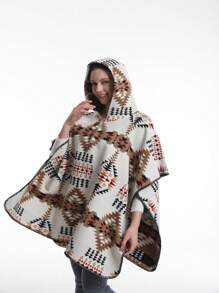 1 件女式秋冬南美風格提花披肩斗篷,均碼 - 白色 - 查看 2