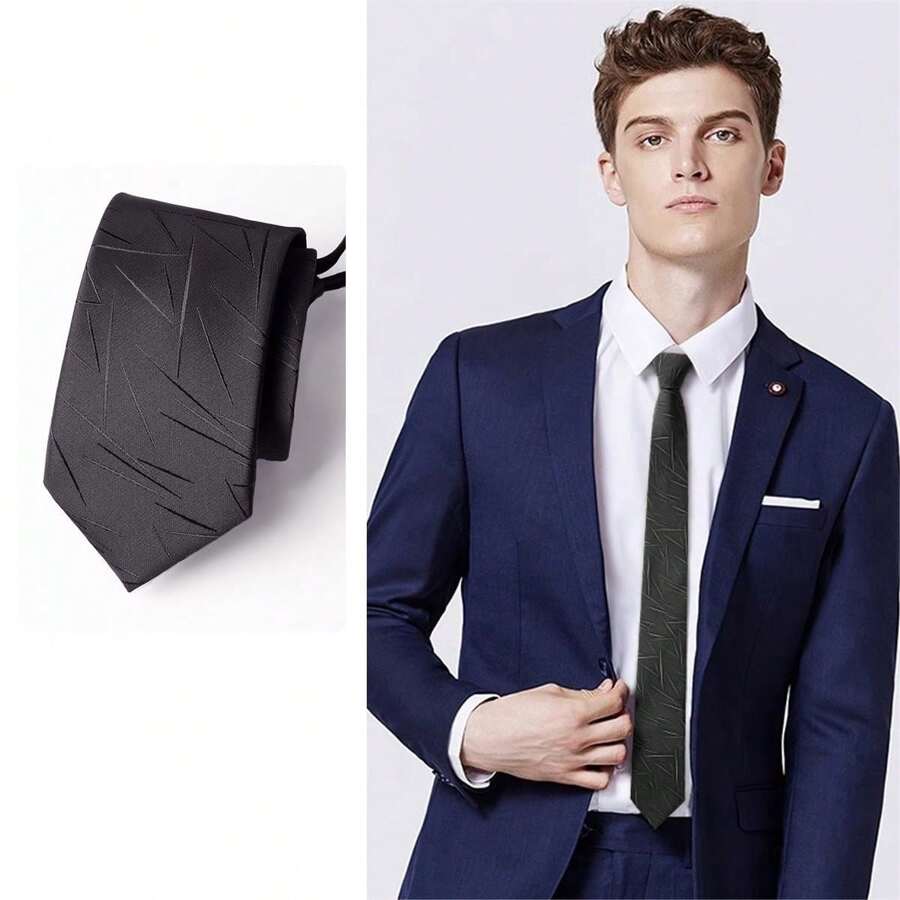 1入組男士黑色領帶，懶洋洋的商務領帶，適用於衣服配飾，易打結的婚禮領帶，工作專業領帶 - 黑色 - 查看 1