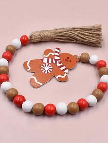 1pc Christmas Themed Tassel Beaded Rope With Gingerbread Man & Tree Pendant, Creative Colorful Wood Bead Garland For Home Decor & Tray, Suitable For Christmas Party Decoration