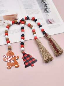 1pc Christmas Themed Tassel Beaded Rope With Gingerbread Man & Tree Pendant, Creative Colorful Wood Bead Garland For Home Decor & Tray, Suitable For Christmas Party Decoration