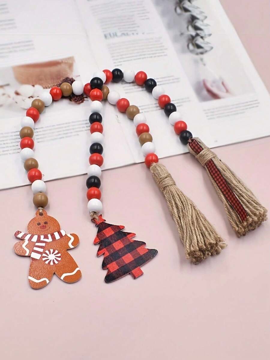 1pc Christmas Themed Tassel Beaded Rope With Gingerbread Man & Tree Pendant, Creative Colorful Wood Bead Garland For Home Decor & Tray, Suitable For Christmas Party Decoration