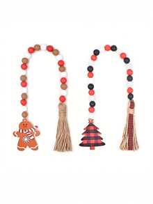 1pc Christmas Themed Tassel Beaded Rope With Gingerbread Man & Tree Pendant, Creative Colorful Wood Bead Garland For Home Decor & Tray, Suitable For Christmas Party Decoration