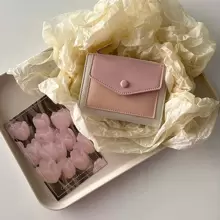 韩版拼色拉链草莓粉多功能大容量零钱卡位学生情人节女士钱包零钱包小钱包 - 淺粉色 - 查看 1