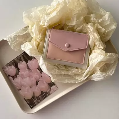 韩版拼色拉链草莓粉多功能大容量零钱卡位学生情人节女士钱包零钱包小钱包