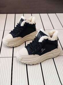 女士雪地靴 2023 新款保暖内衬厚实保暖高跟时尚户外运动休闲鞋 - 黑色 - 查看 2