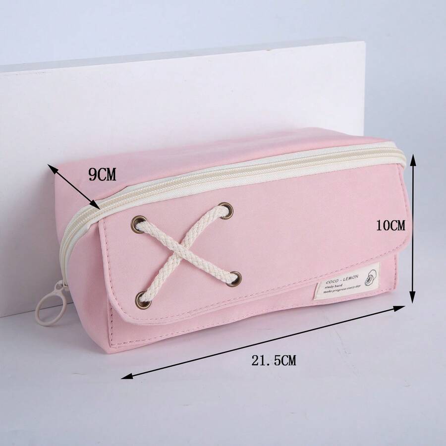 1個粉色棉麻材質大容量筆盒,多功能文具組織盒,適用於學生 - 粉色 - 查看 1