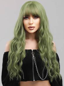 Water Wave Wigs With Bangs Green Color 28 Inch Heat Resistant Fiber Long Wavy Deep Wave Synthetic Wigs For Women Party Daily Used - Green - View 1