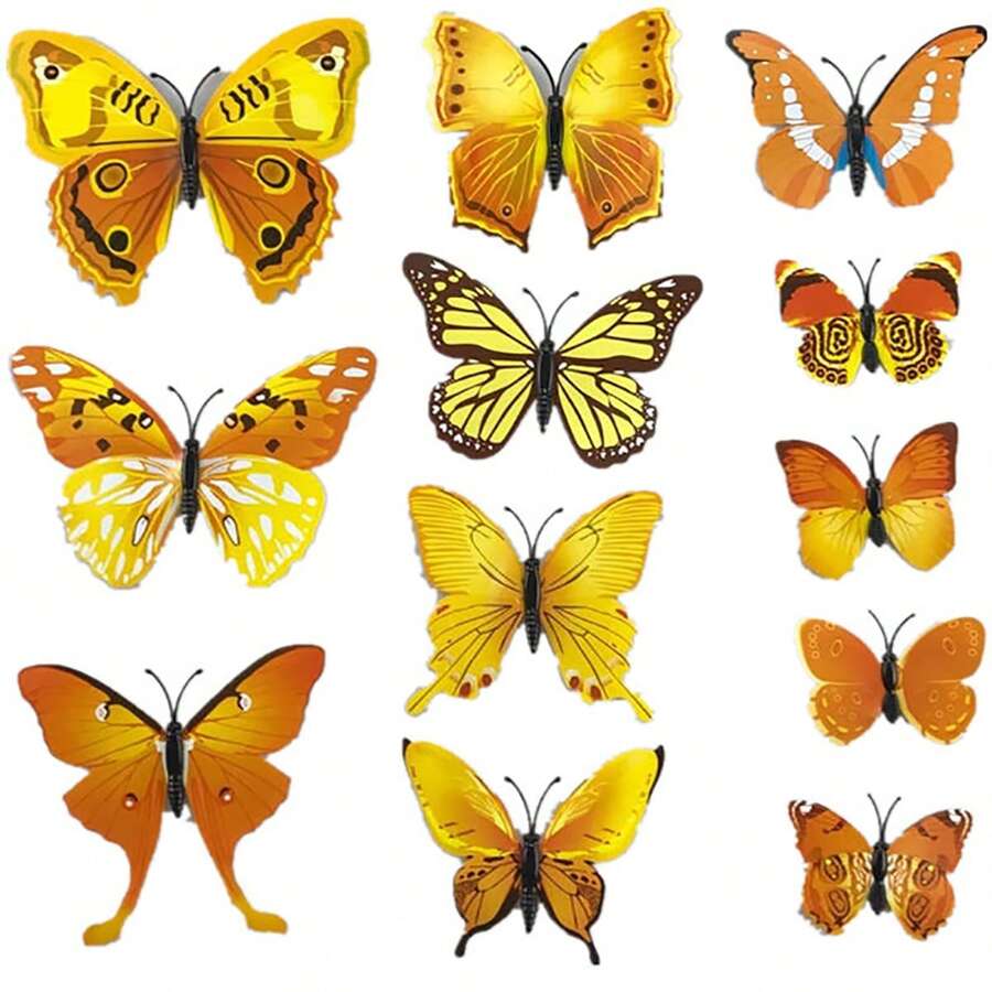 12pcs Yellow 3d Butterfly Wall Sticker Realistic Decorative Double-sided Adhesive Prop For Home Decor In Living Room, Bedroom - Yellow - View 1