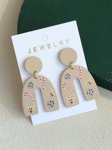 1對聖誕節主題淺啡色中空拱形、糖果手杖、鹿角和餅乾印花泥紋壓克力耳環(女性) - 彩色 - 查看 6
