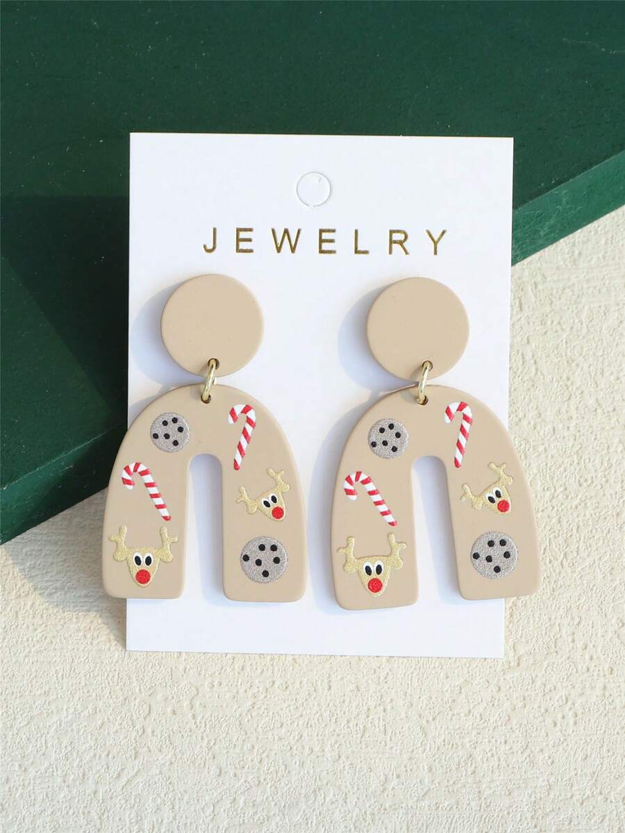 1對聖誕節主題淺啡色中空拱形、糖果手杖、鹿角和餅乾印花泥紋壓克力耳環(女性) - 彩色 - 查看 1