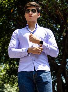 Men's Casual Slim Fit Textured Smooth Lilac Shirt - Lilac Purple - View 6