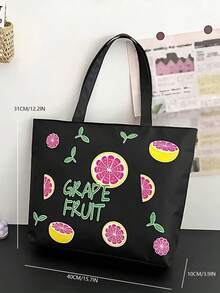 1pc Large Capacity Fashionable Lovely Grapefruit Printed Solid Color Handbag Suitable For Women's Daily Use - Black - View 5
