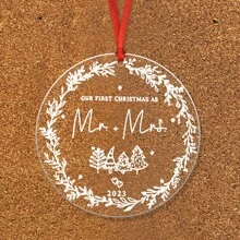 1個圓形亞克力耶誕樹裝飾品,2023首個耶誕裝飾品,2023首次結婚耶誕裝飾品,我們的首個聖誕沙先生夫人裝飾品,新婚夫婦禮物 - 白色 - 查看 5