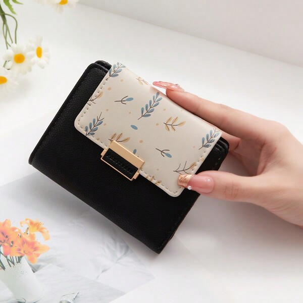 Portafoglio corto nero, portafogli di studenti con zip, portamonete e pieghevole, borsa clutch multifunzione per donna, per uso casual quotidiano, portafogli, borsellino piccolo