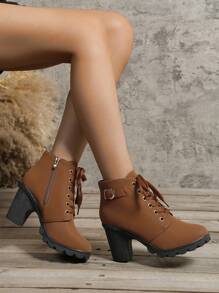 Elegant Women's Booties With Buckle Decor, Lace-up Front, Side Zipper And Chunky Heels - Brown - View 3