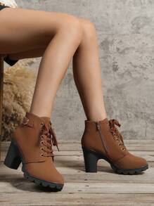 Elegant Women's Booties With Buckle Decor, Lace-up Front, Side Zipper And Chunky Heels - Brown - View 2