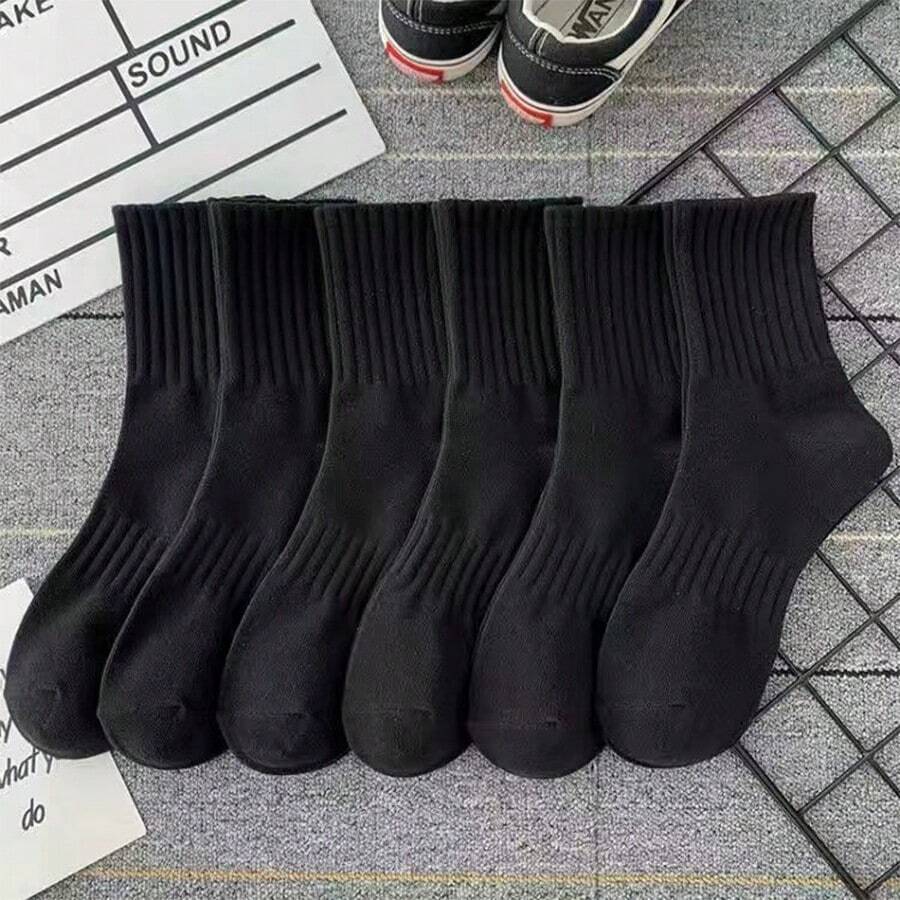 6 Pares de calcetines elásticos de media pantorrilla negros para mujeres con diseño de cintura unida - Negro - Ver 1