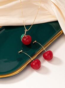 Boucles d'oreilles rétro à la mode, jolies et grandes cerises rouges, et grand collier de cerises pour tenues de bureau, vacances, dîner et fête. Idéal comme cadeau.