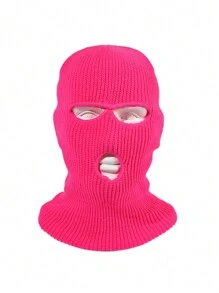 1頂女式冬季針織帽,帶有三個孔的滑雪面罩,純色保暖帽 - 玫紅色 - 查看 1