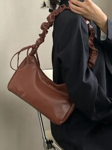 韩国时尚百搭女学生通勤风格优质软皮可调节肩带褶皱云设计大容量单肩包春夏法式腋下或斜挎包适合休闲、校园、派对、礼物 - 棕色 - 查看 7