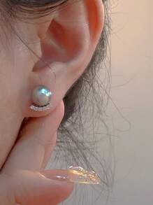 1pair French Minimalist Small & Luxurious Design Women's Everyday Fashionable Faux Pearl Stud Earrings For Date - Grey - View 4