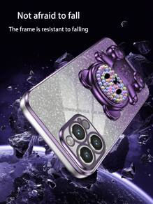 紫色新款电镀工艺防摔手机壳+闪粉卡纸+彩绘糖熊全电镀隐形支架+全套手机壳+适用于苹果、OPPO、VIVO