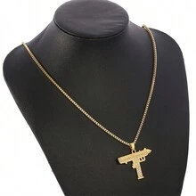 1件欧美时尚个性化镶钻冲锋枪吊坠项链，适合夜店、嘻哈等场合，男女皆宜