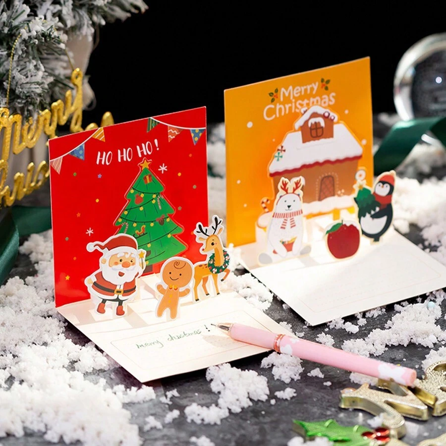 1pc Christmas Three-dimensional Greeting Card Set 3d Three-dimensional Christmas Handwritten Blessing Greeting Card Creative Christmas Gift Message Card Holiday Gift Card - Red - View 1