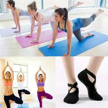 1 双女士瑜伽袜防滑芭蕾舞袜带绑带芭蕾舞袜适合瑜伽普拉提芭蕾舞蹈（卡其色） - 卡其色 - 查看 3