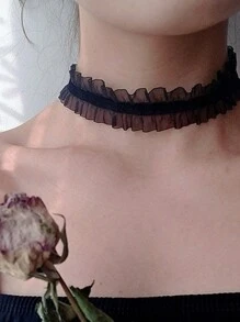 1條黑色蕾絲領結式優雅頸鍊,下擺有褶飾,女性專用 - 黑色 - 查看 5