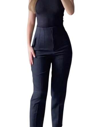 Pantalones casuales elegantes de tela con cintura elástica media para mujer, corte zanahoria, con diseño cónico y cinturilla escalonada.