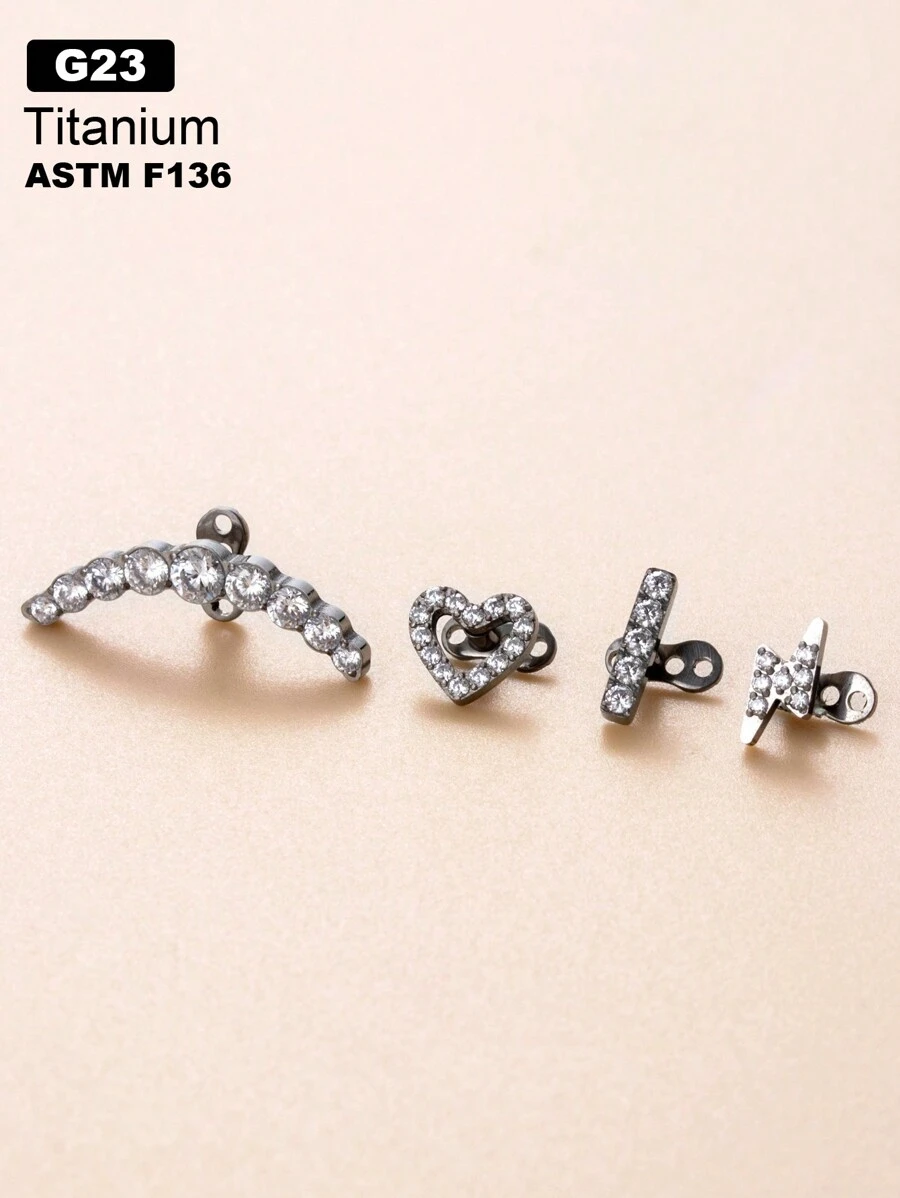 1pc Fashionable G23 Titanium Simple Geometric Design Heart & Lightning Alloy Inlaid Stud Earring - Silver - View 1