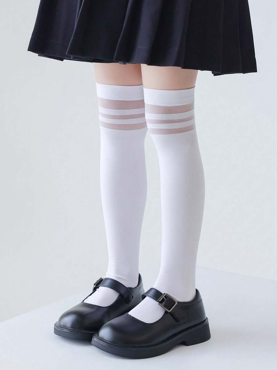 1pair Girls' Skin-friendly Breathable Over Knee Socks, Suitable For Daily Wear - White - View 1