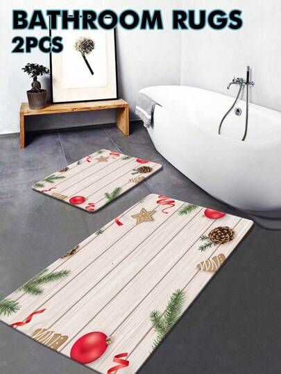 2pcs Non-Slip Bathroom Rugs Hallway Rugs Bathroom Bath Mats Kitchen Rugs Bathroom Mats Long Strip Carpets Washable Home Accessories Apartment Decoration Essentials, Christmas Series Home Bathroom Decor Outdoor Rugs Doormats Fall Decor Bathroom Accessories Back To School Entryway Decor