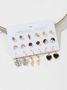 Bộ 9 chiếc khuyên tai dễ thương cá nhân hóa, bao gồm các thiết kế hình Thái Cực Quyền, Trái tim, Bướm, Sét, Mặt trăng - Nhiều màu - Xem 1