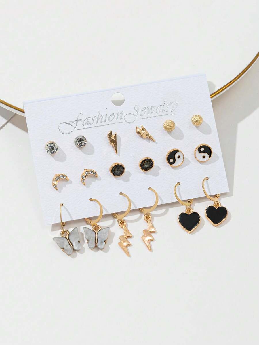 Bộ 9 chiếc khuyên tai dễ thương cá nhân hóa, bao gồm các thiết kế hình Thái Cực Quyền, Trái tim, Bướm, Sét, Mặt trăng - Nhiều màu - Xem 1