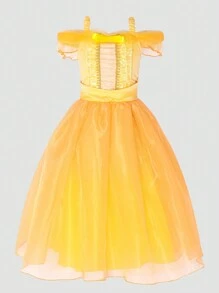 Toddler Girls Cold Shoulder Bow Front Mesh Overlay Gown Dress - Yellow - View 1