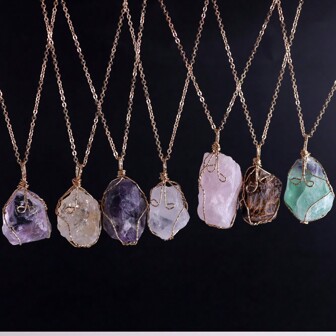 1pc Natural Raw Stone Amethyst Citrine Rose Quartz Necklaces Asymmetrical Quartz Wire Wrap Pendant Necklace Healing Energy Women Jewelry Thanksgiving Gift