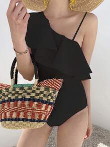 1pc Women's Ruffled Shoulder One-Piece Swimsuit, Sexy Slimming Cute For Beach, Hot Spring, Pool Party, Solid Color