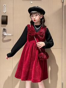 Girls' Red Dress With Bag, For Autumn And Winter - Red and Black - View 1