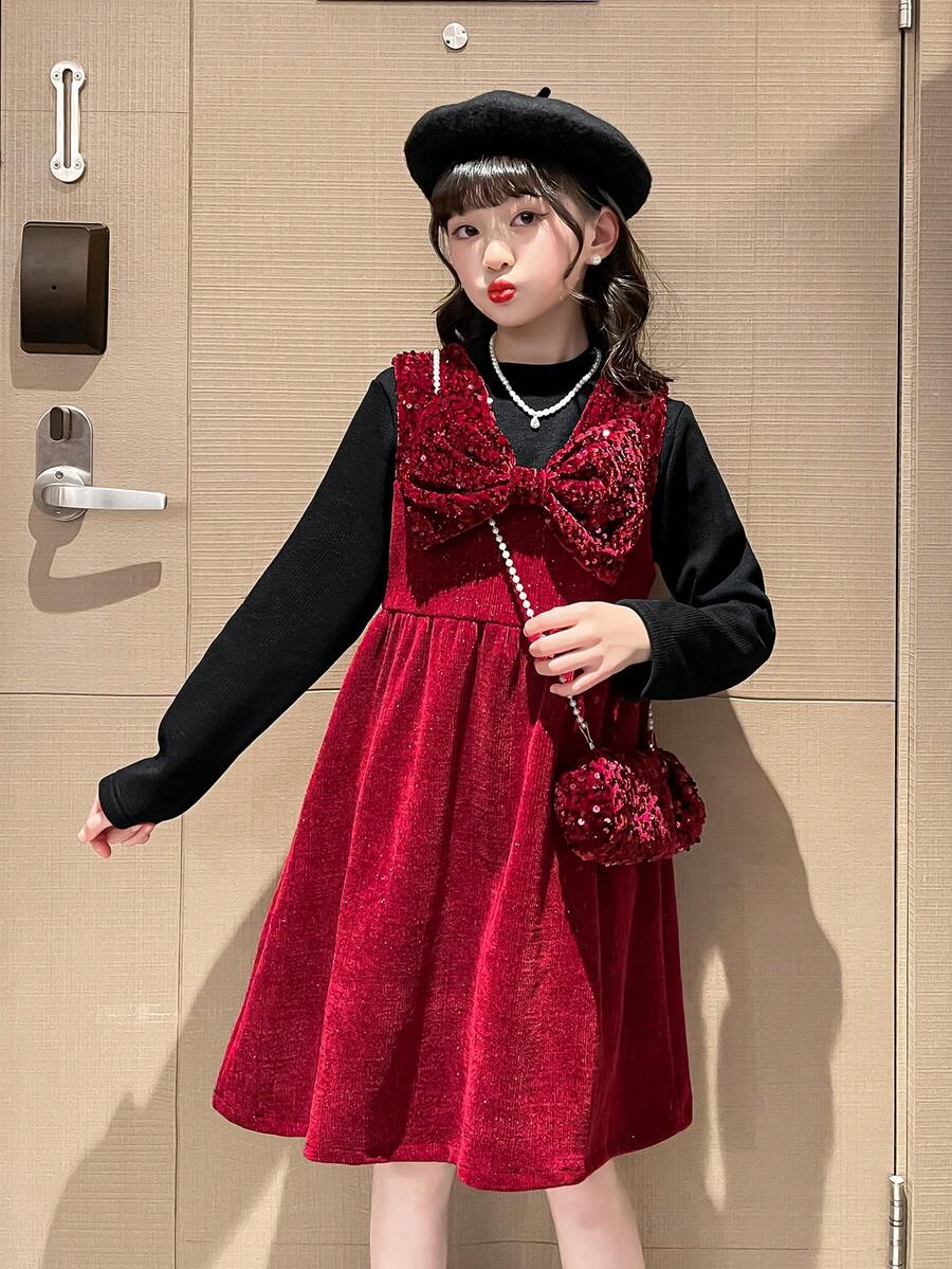 Girls' Red Dress With Bag, For Autumn And Winter - Red and Black - View 1