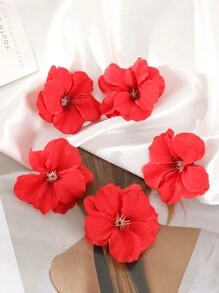 5pcs Red Artificial Flower Hair Clips - 1 Set, Suitable For Hot Weather - Red - View 2