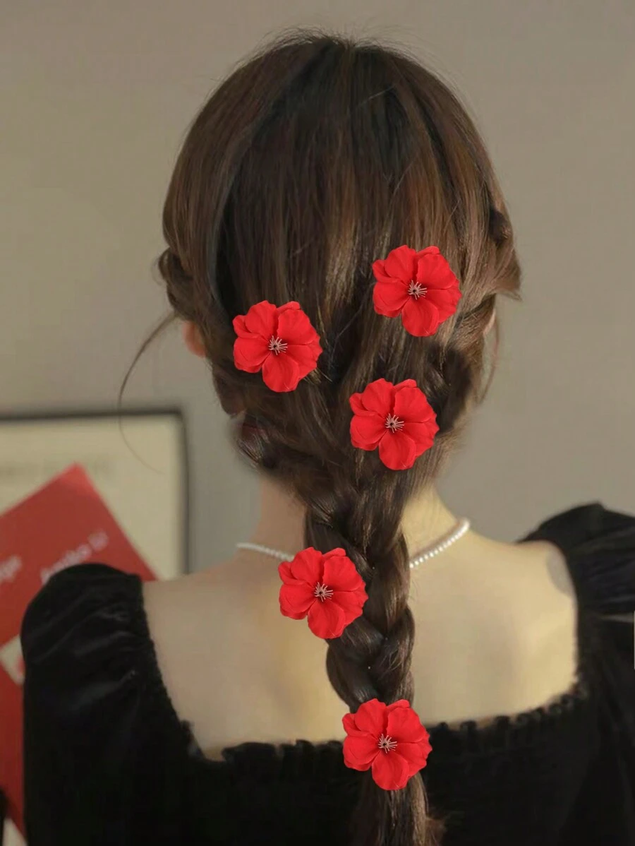 5pcs Red Artificial Flower Hair Clips - 1 Set, Suitable For Hot Weather - Red - View 1