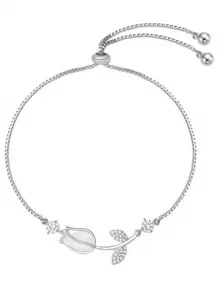 1pc Stainless Steel And Unique Design Tulip & Cat Eye Stone Pull Chain Bracelet, Elegant Women's Flower Bracelet Valentines,Mom,Mother,Mother's Day,Gift